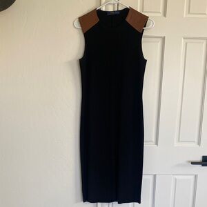 Polo by Ralph Lauren Black Midi Dress with Brown Leather Shoulder Accents